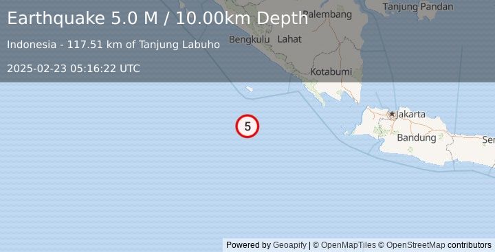 Earthquake Southwest of Sumatra, Indonesia (4.9 M) (2025-02-23 05:16:21 UTC)