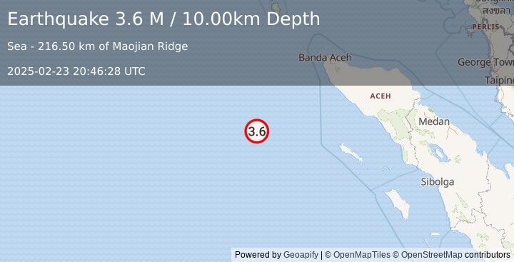 Earthquake Off West Coast of Northern Sumatra (3.6 M) (2025-02-23 20:46:28 UTC)