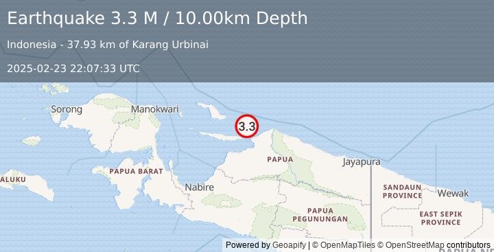 Earthquake Near North Coast of West Papua (3.3 M) (2025-02-23 22:07:33 UTC)