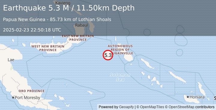 Earthquake Solomon Islands (5.3 M) (2025-02-23 22:50:18 UTC)