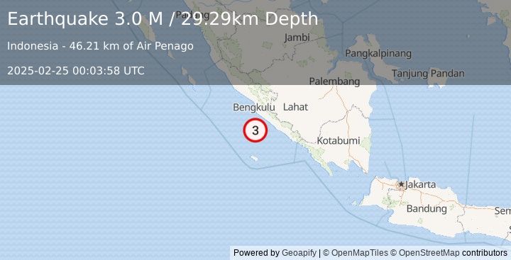 Earthquake Southern Sumatra, Indonesia (3.0 M) (2025-02-25 00:03:58 UTC)