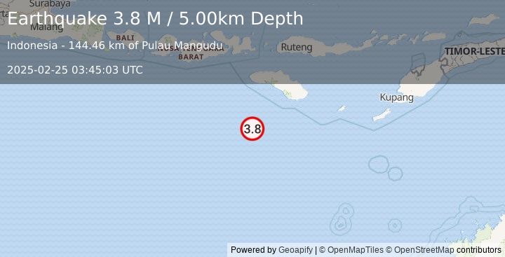 Earthquake South of Sumba, Indonesia (3.8 M) (2025-02-25 03:45:03 UTC)