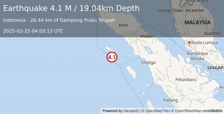 Earthquake Northern Sumatra, Indonesia (4.1 M) (2025-02-25 04:03:14 UTC)