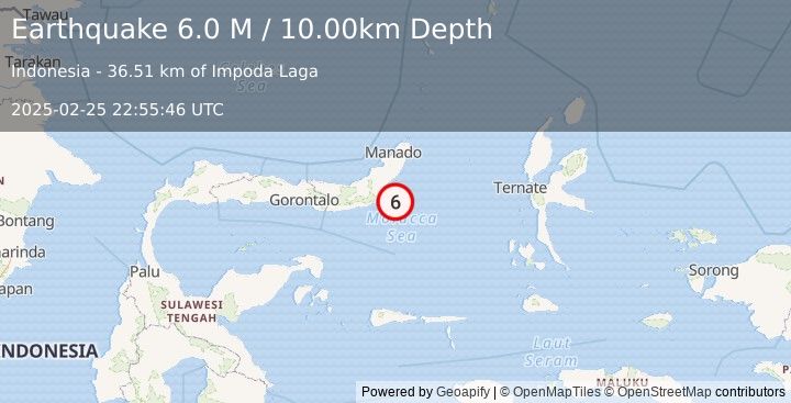 Earthquake Minahassa Peninsula, Sulawesi (6.0 M) (2025-02-25 22:55:46 UTC)