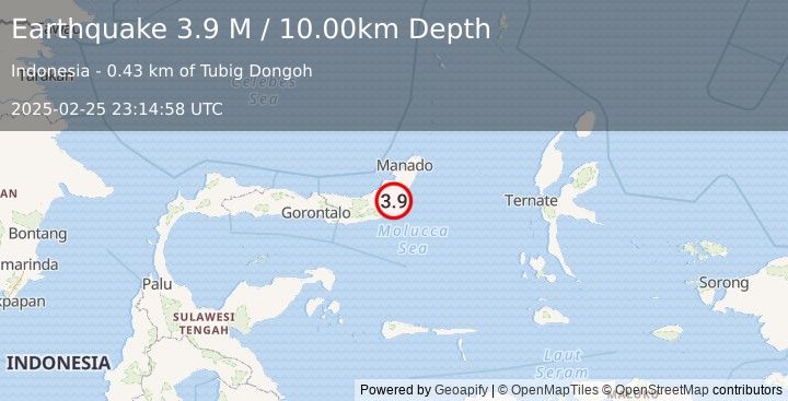 Earthquake Minahassa Peninsula, Sulawesi (3.9 M) (2025-02-25 23:14:58 UTC)