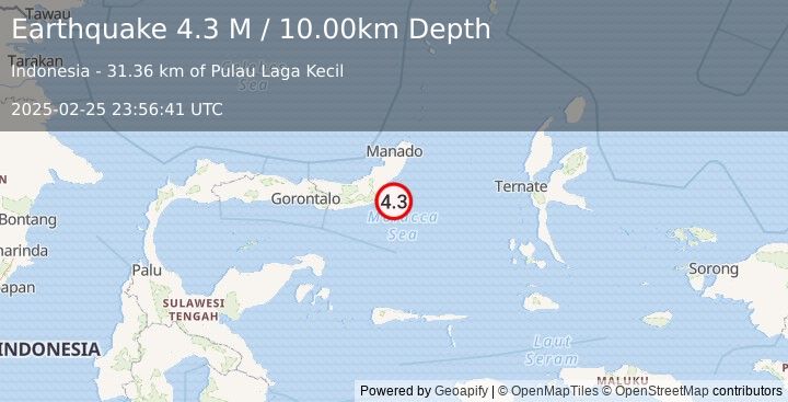 Earthquake Minahassa Peninsula, Sulawesi (4.3 M) (2025-02-25 23:56:41 UTC)