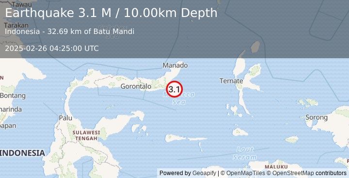 Earthquake Minahassa Peninsula, Sulawesi (3.1 M) (2025-02-26 04:25:00 UTC)