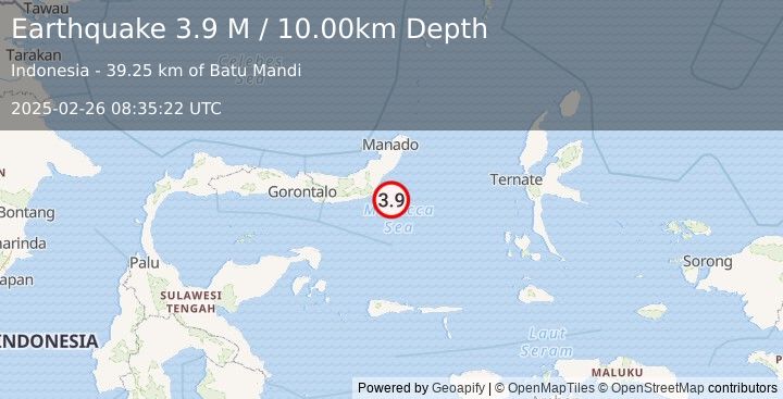 Earthquake Minahassa Peninsula, Sulawesi (3.9 M) (2025-02-26 08:35:22 UTC)