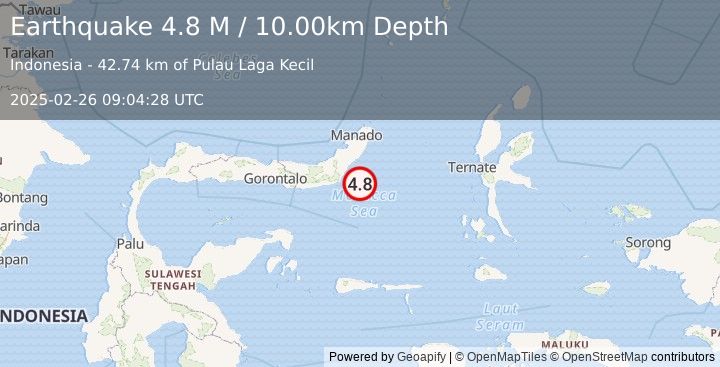 Earthquake Minahassa Peninsula, Sulawesi (4.8 M) (2025-02-26 09:04:28 UTC)