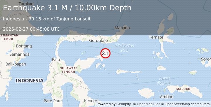 Earthquake Minahassa Peninsula, Sulawesi (3.1 M) (2025-02-27 00:45:08 UTC)