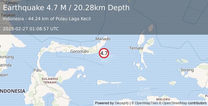 Earthquake Minahassa Peninsula, Sulawesi (4.7 M) (2025-02-27 01:08:57 UTC)