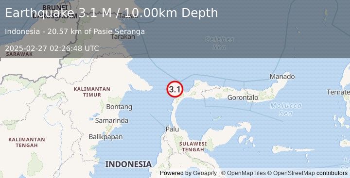 Earthquake Minahassa Peninsula, Sulawesi (3.1 M) (2025-02-27 02:26:48 UTC)