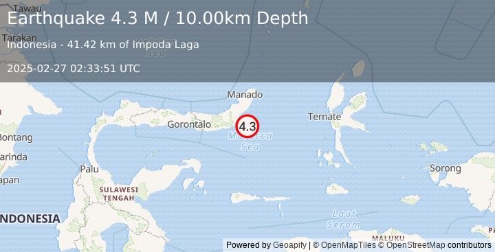 Earthquake Minahassa Peninsula, Sulawesi (4.3 M) (2025-02-27 02:33:51 UTC)