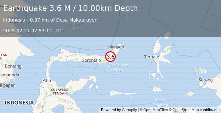 Earthquake Minahassa Peninsula, Sulawesi (3.6 M) (2025-02-27 02:53:12 UTC)