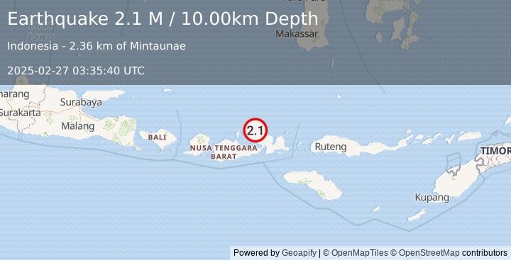 Earthquake Sumbawa Region, Indonesia (2.1 M) (2025-02-27 03:35:40 UTC)