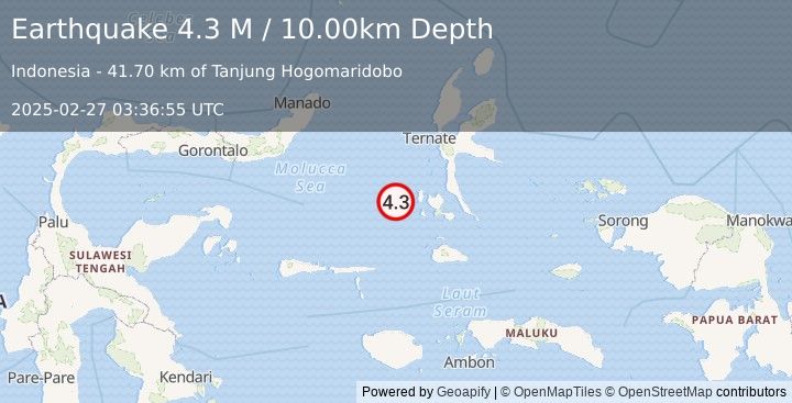 Earthquake Southern Molucca Sea (4.3 M) (2025-02-27 03:36:55 UTC)