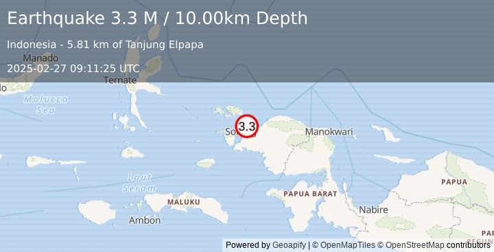 Earthquake West Papua Region, Indonesia (3.3 M) (2025-02-27 09:11:25 UTC)