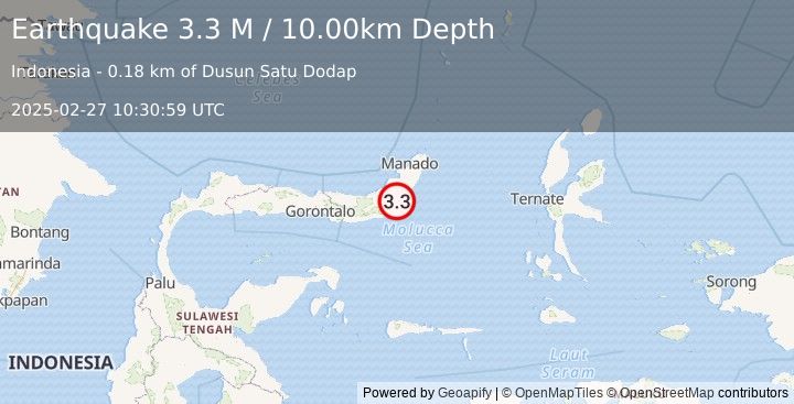 Earthquake Minahassa Peninsula, Sulawesi (3.3 M) (2025-02-27 10:30:59 UTC)