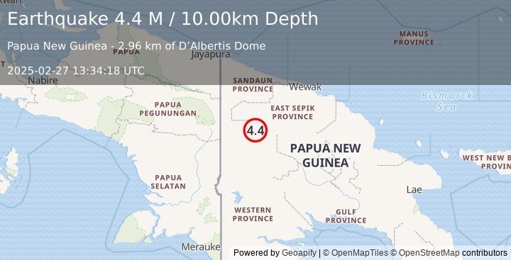 Earthquake New Guinea, Papua New Guinea (4.4 M) (2025-02-27 13:34:18 UTC)