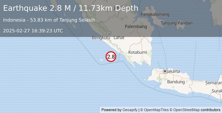 Earthquake Southern Sumatra, Indonesia (2.8 M) (2025-02-27 16:39:23 UTC)