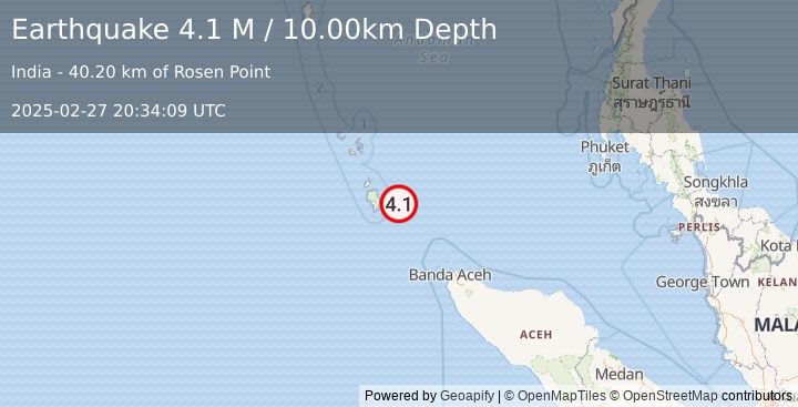 Earthquake Nicobar Islands, India Region (4.1 M) (2025-02-27 20:34:09 UTC)