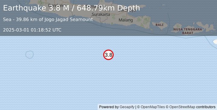 Earthquake South of Java, Indonesia (4.0 M) (2025-03-01 01:19:29 UTC)