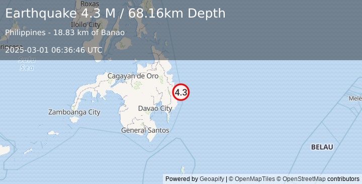 Earthquake Mindanao, Philippines (4.3 M) (2025-03-01 06:36:46 UTC)