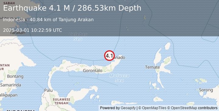 Earthquake Minahassa Peninsula, Sulawesi (4.1 M) (2025-03-01 10:22:59 UTC)