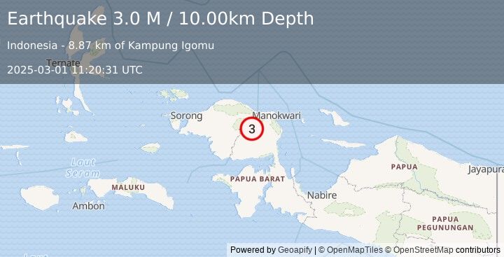 Earthquake West Papua Region, Indonesia (3.0 M) (2025-03-01 11:20:31 UTC)