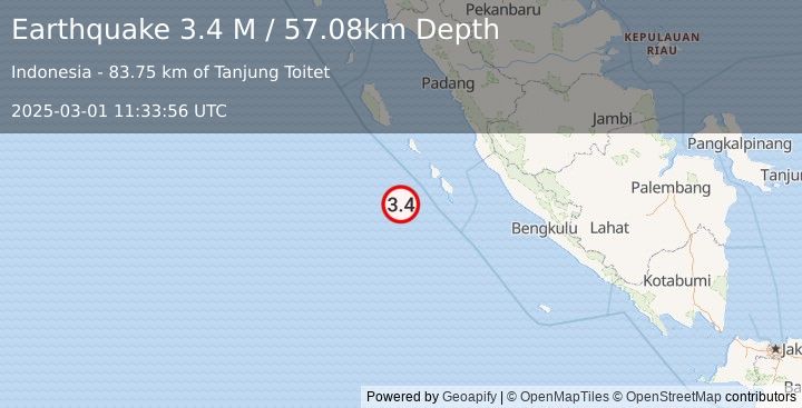 Earthquake Southwest of Sumatra, Indonesia (3.4 M) (2025-03-01 11:33:56 UTC)