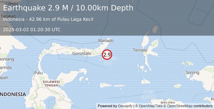 Earthquake Minahassa Peninsula, Sulawesi (2.9 M) (2025-03-02 01:20:30 UTC)