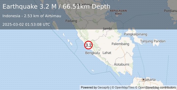 Earthquake Southern Sumatra, Indonesia (3.2 M) (2025-03-02 01:53:08 UTC)