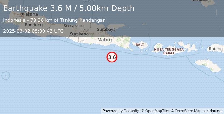 Earthquake South of Java, Indonesia (3.6 M) (2025-03-02 08:00:43 UTC)