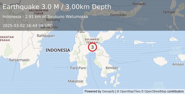 Earthquake Sulawesi, Indonesia (3.0 M) (2025-03-02 16:44:06 UTC)