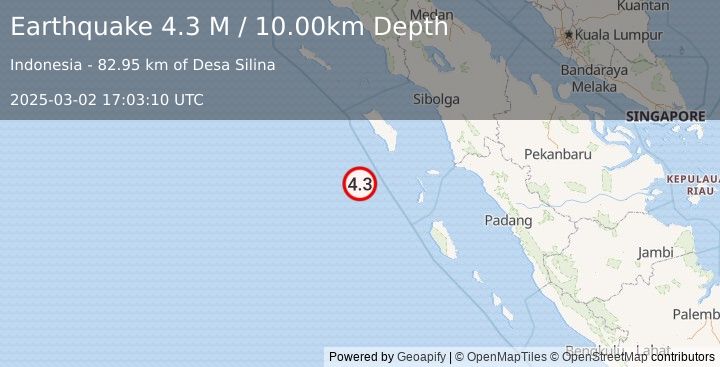 Earthquake Southwest of Sumatra, Indonesia (4.3 M) (2025-03-02 17:03:10 UTC)