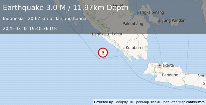 Earthquake Southern Sumatra, Indonesia (3.0 M) (2025-03-02 19:40:36 UTC)