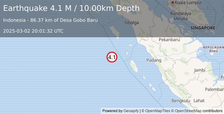 Earthquake Southwest of Sumatra, Indonesia (4.1 M) (2025-03-02 20:01:32 UTC)