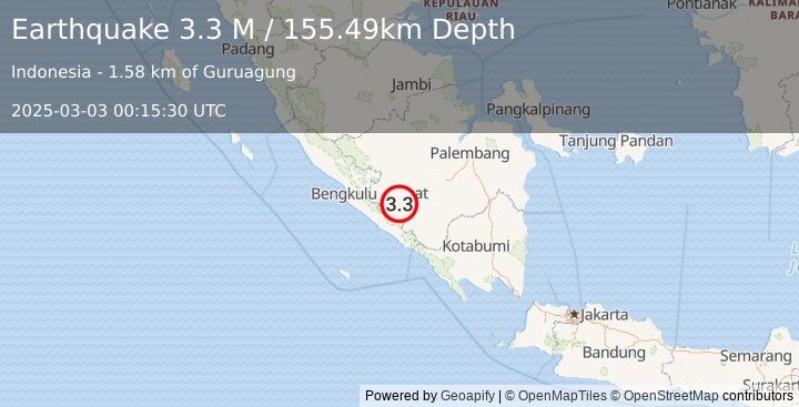 Earthquake Southern Sumatra, Indonesia (3.3 M) (2025-03-03 00:15:30 UTC)