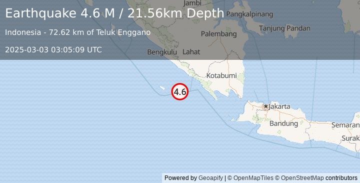 Earthquake Southern Sumatra, Indonesia (4.6 M) (2025-03-03 03:05:09 UTC)