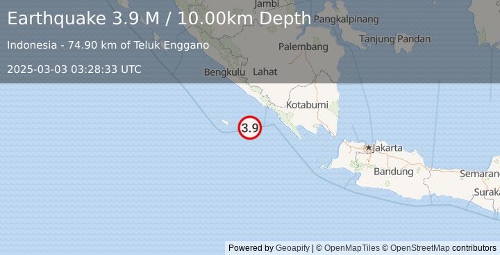 Earthquake Southern Sumatra, Indonesia (3.9 M) (2025-03-03 03:28:35 UTC)