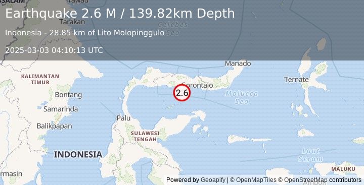 Earthquake Minahassa Peninsula, Sulawesi (2.6 M) (2025-03-03 04:10:13 UTC)