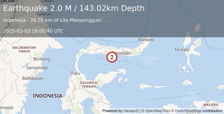 Earthquake Minahassa Peninsula, Sulawesi (2.0 M) (2025-03-03 18:00:40 UTC)