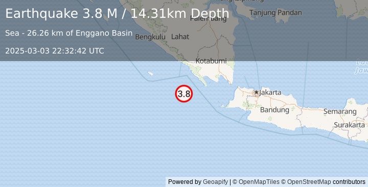 Earthquake Southwest of Sumatra, Indonesia (3.8 M) (2025-03-03 22:32:42 UTC)