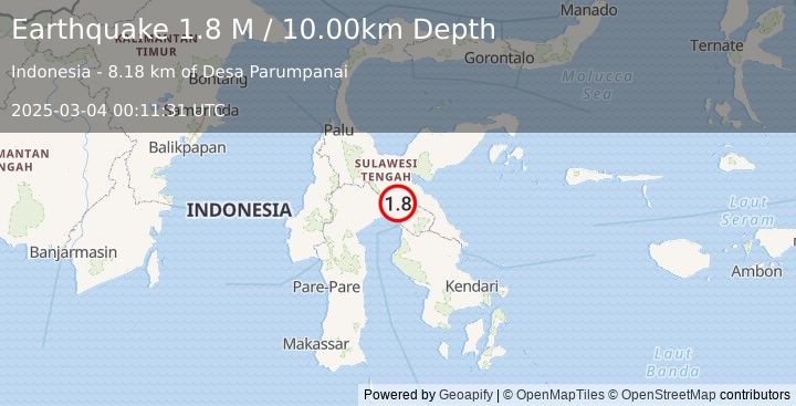 Earthquake Sulawesi, Indonesia (1.8 M) (2025-03-04 00:11:31 UTC)