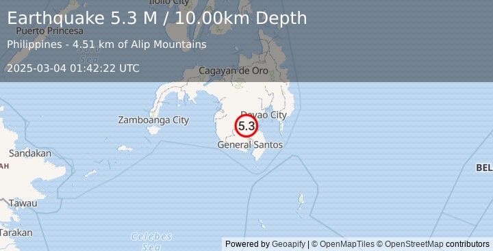 Earthquake Mindanao, Philippines (5.3 M) (2025-03-04 01:42:22 UTC)