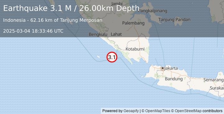 Earthquake Southern Sumatra, Indonesia (3.1 M) (2025-03-04 18:33:46 UTC)