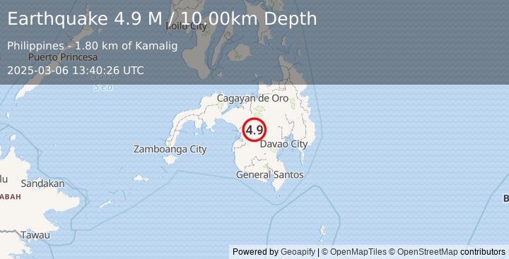 Earthquake Mindanao, Philippines (4.9 M) (2025-03-06 13:40:26 UTC)