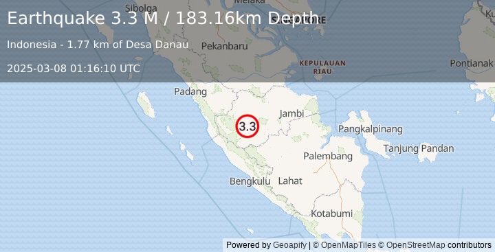 Earthquake Southern Sumatra, Indonesia (3.3 M) (2025-03-08 01:16:10 UTC)