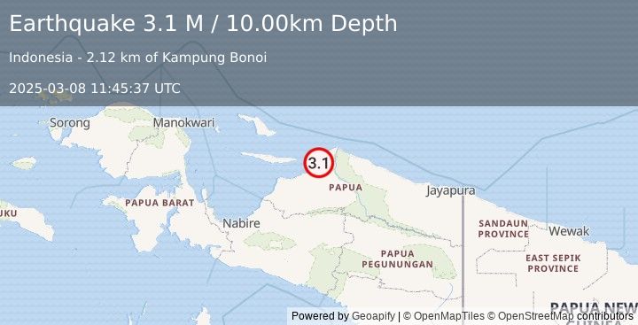 Earthquake Near North Coast of West Papua (3.1 M) (2025-03-08 11:45:37 UTC)