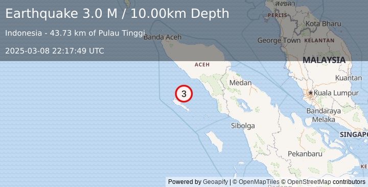 Earthquake Northern Sumatra, Indonesia (3.0 M) (2025-03-08 22:17:49 UTC)